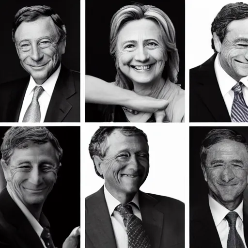 Image similar to hillary clinton, bill gates, george w bush, mario draghi as human lizards, portrait photography by annie leibovitz