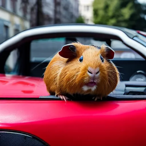 Prompt: a guinea pig driving a red mazda mx-5 on a street in Stockholm