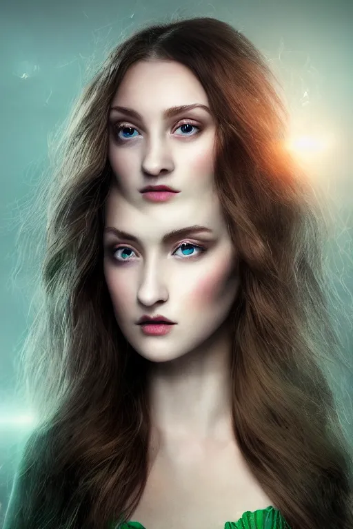 Prompt: pretty female wizard posing in front of plains + auburn hair + green eyes + elegant + warm hairlight + dramatic light + photorealistic + octane render + large well-defined eyelids + big astonished eyes + translucent skin + glossy lips + generous