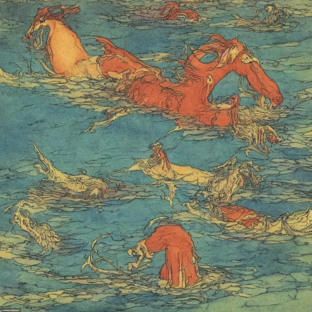 Image similar to an extremely colorful depiction of a merhorse in a lake, rearing up with its tail tucked underneath, from a book of fairy tales illustrated by edmund dulac