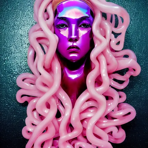 Prompt: Vass Roland cover art future bass girl unwrapped statue bust curls of hair petite lush front view body photography model full body!!! curly!!!!! jellyfish lips art contrast vibrant futuristic fabric skin jellyfish material metal veins!!! style of Jonathan Zawada, Thisset colours simple!!!!! background objective