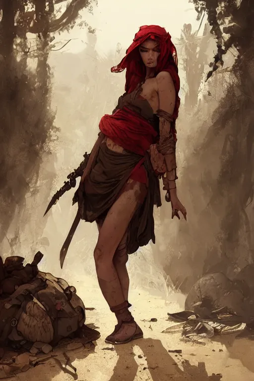 Image similar to a full body portrait of a beautiful post apocalyptic offworld tieflings quarter bedouin blind pulp fiction scarlet wild rogue barbarian leper begging by the roadside, intricate, elegant, highly detailed, digital painting, artstation, concept art, smooth, sharp focus, illustration, art by krenz cushart and artem demura and alphonse mucha