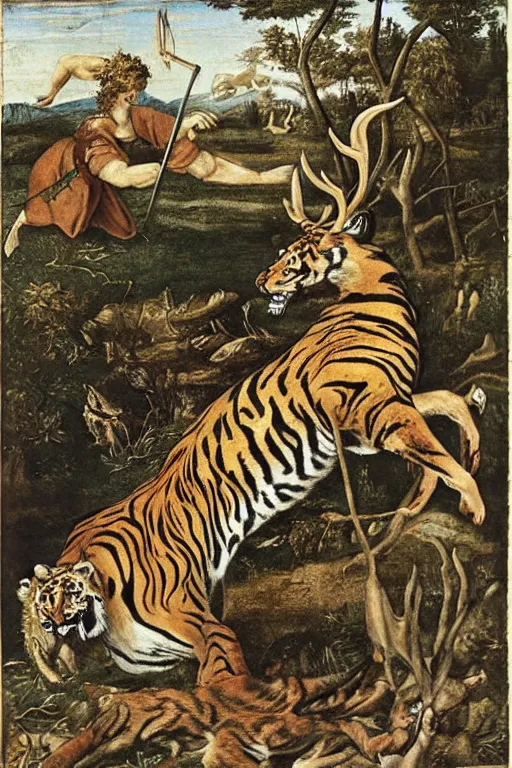 Prompt: the giant tiger hunting a deer, fantasy, renaissance