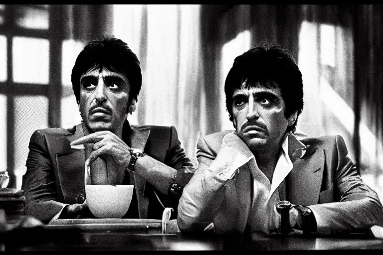 Image similar to tony montana from movie scarface 1 9 8 3 sitting at a big black oak table with big packages of flour. next to the night window. al pacino. perfect symmetric face, coherent eyes,, fine details, 4 k, ron cobb, cinestill