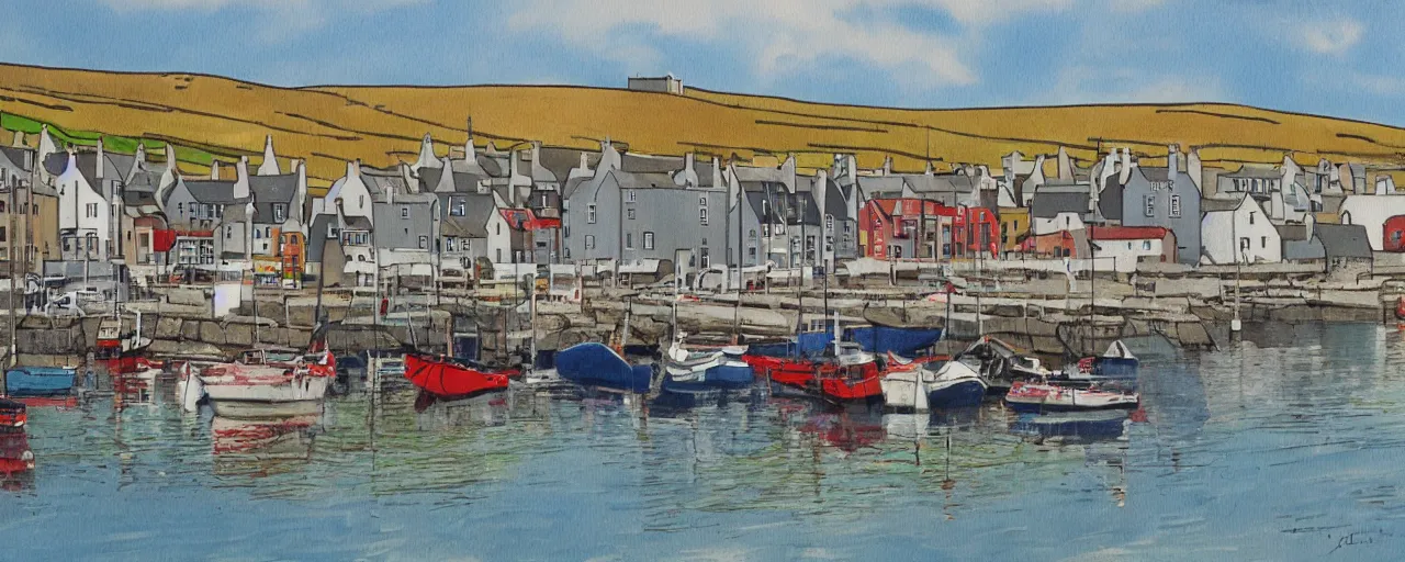 Prompt: a painting of the harbour at Stromness orkney, color potato print