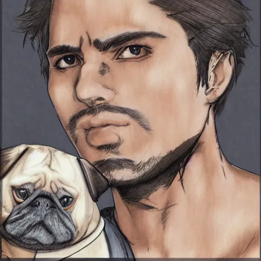 Image similar to self portrait, young white hispanic handsome man with short light brown hair and light skin and a 5 o clock shadow and holding a pug while fighting against 2 swordsmen pencil art, added detail, high definiton, colored, backfacing, illustrated by yoji shinkawa