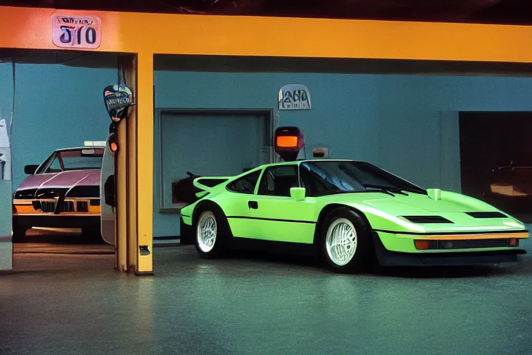 Prompt: A single 1985 Vector W8 Twin Turbo 911 BMW M1 Bronco inside of a car wash, ektachrome photograph, volumetric lighting, f8 aperture, cinematic Eastman 5384 film