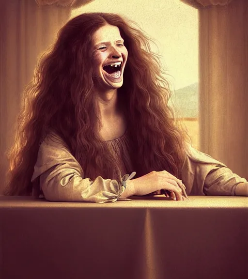 Prompt: portrait of a long - haired woman laughing at a joke sitting upon a table with heightened detail, poised, intense emotion, detailed facial expression, detailed surroundings, intricate, elegant, highly detailed, centered, digital painting, artstation, concept art, smooth, sharp focus, illustration, by ( leonardo da vinci ), wlop