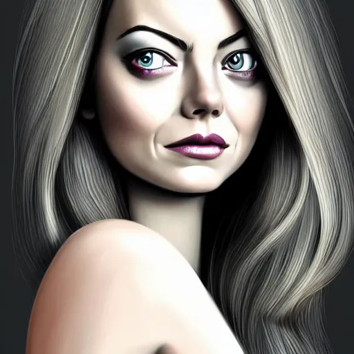 Prompt: emma stone portrait by vince ruz, cartoon face, pixar - inspired, glamorous, character art, digital illustration, big eyes, triangular face, semirealism, realistic shaded perfect face, fine details, realistic shaded lighting