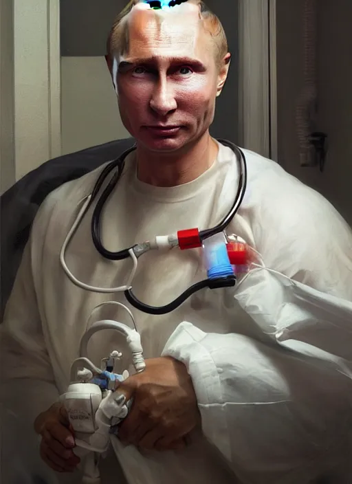 Image similar to a super very hyperrealistic oil painting of ill Vladimir Putin as a patient wearing an oxygen mask on a death bed inhaling from Copium tank that stand near his bed, visible face, by Laurie Greasley, Lawrence Alma-Tadema, Dan Mumford, artstation, deviantart, FAN ART, full of color, Digital painting, face enhance, highly detailed, 8K, octane, golden ratio, cinematic lighting