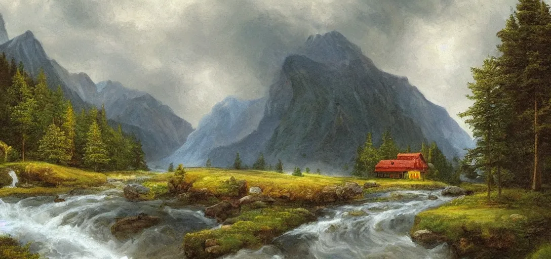 Prompt: a river running past a cozy cabin in mountain side, thunderstorm, classic painting, award winning, highly detailed,