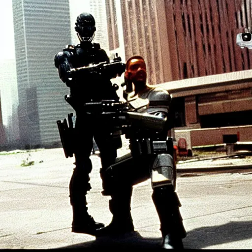 Image similar to Environment = Detroit 1987, only one cop part man part machine can stand up to crime - Cyborg Cop, Character = Cyborg Cop who is a cybernetic organism part human part machine, all justice, Style = Ultra Realistic, VHS film, Total Recall, Das Boot, Starship Troopers, cinematography by Jost Vacano, Composure = Establishing shot, Exterior Shot, Cinematic Film, 4k