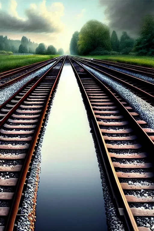 Image similar to shallow reflective water completely covers submerged invisible train tracks as a girl carries her shoes, there is a train station in the distance and large white clouds on a wide horizon, intricate, elegant, highly detailed, digital photo, artstation, concept art, smooth, sharp focus, art by artgerm and greg rutkowski and fra angelico
