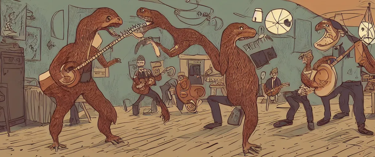 Prompt: a beautiful illustration of an anthropomorphic bearded velociraptor playing a banjo at a square dance | graphic novel:.3 | unreal engine:.6