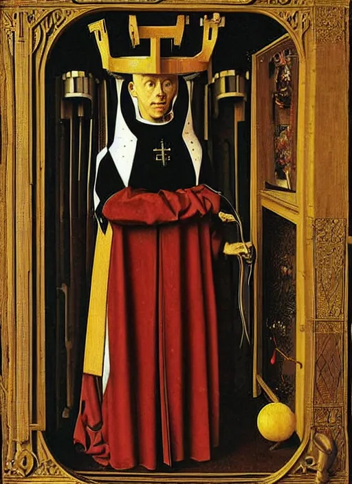 Image similar to a robot priest by Jan van Eyck