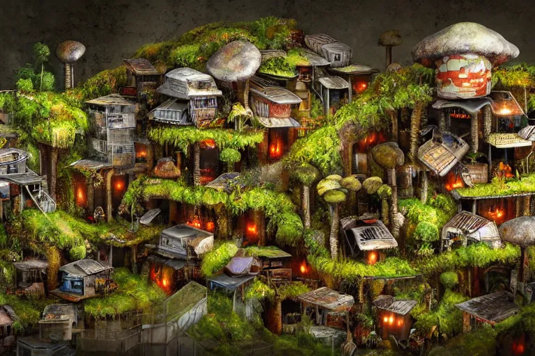 Image similar to favela fungus beehive, wooded environment, industrial factory, cheerful, award winning art, epic dreamlike fantasy landscape, ultra realistic,