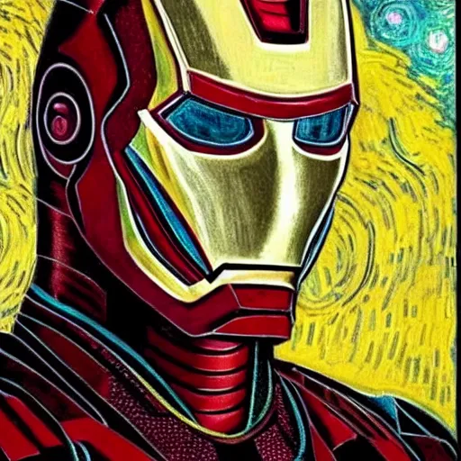 Image similar to roger waters as iron man close up portrait in the style of van gogh