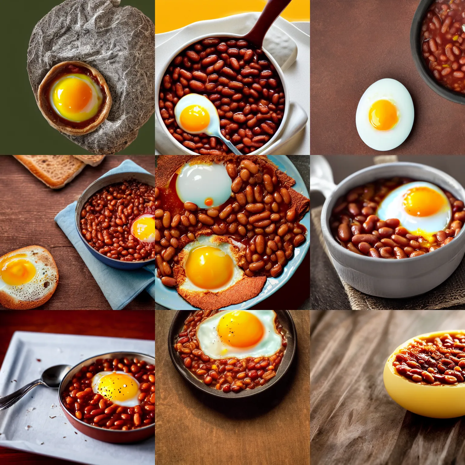 Prompt: cracked egg containing baked beans, realistic photograph, 4 k hd