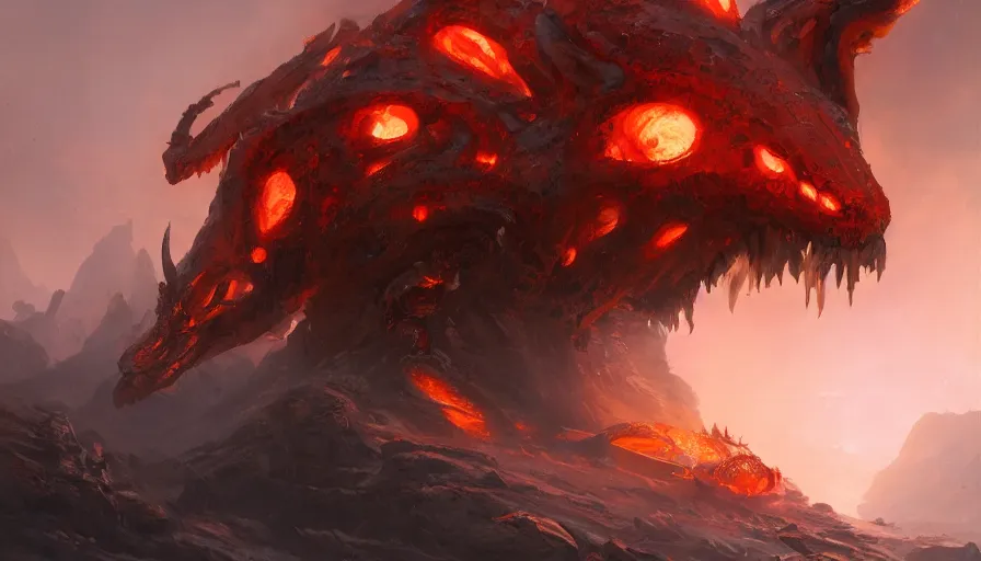 Image similar to a beautiful digital fantasy concept art of a giant cyborg dragon sitting on a molten rock, concept art by tyler edlin, greg rutkowski, highly detailed, oil on canvas