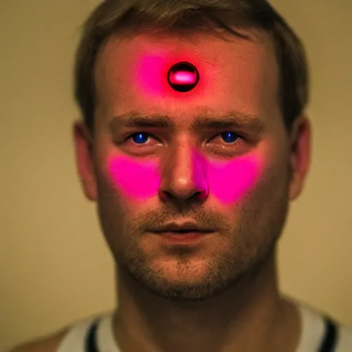 Image similar to an man with glowing red eyes