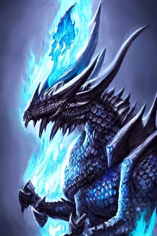 Prompt: a D&D character of a dark blue dragonborn with large tusks, half a face flaming with blue flame, he wears a black dragon scales armor, D&D concept art