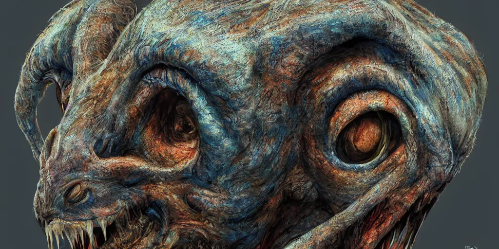 Image similar to a chtulhu creature head closeup, 3 6 0 view chart, studio lighting, deep colors, apocalyptic setting