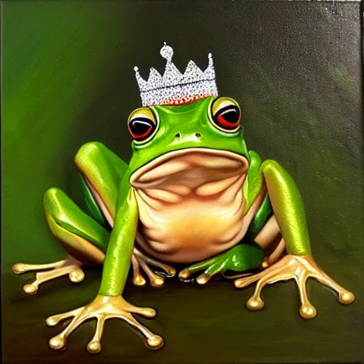 Image similar to beautiful oil painting painting of a frog wearing a crown in swamp