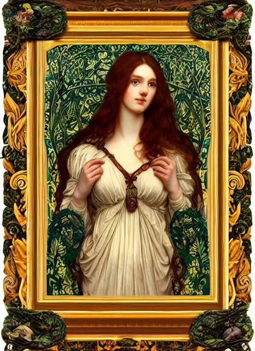 Image similar to masterpiece beautiful seductive flowing curves preraphaelite face portrait photography, ophelia extreme close up shot, straight bangs, thick set features, yellow ochre ornate medieval dress, amongst foliage mushroom forest circle arch, william morris and kilian eng and mucha, framed, 4 k
