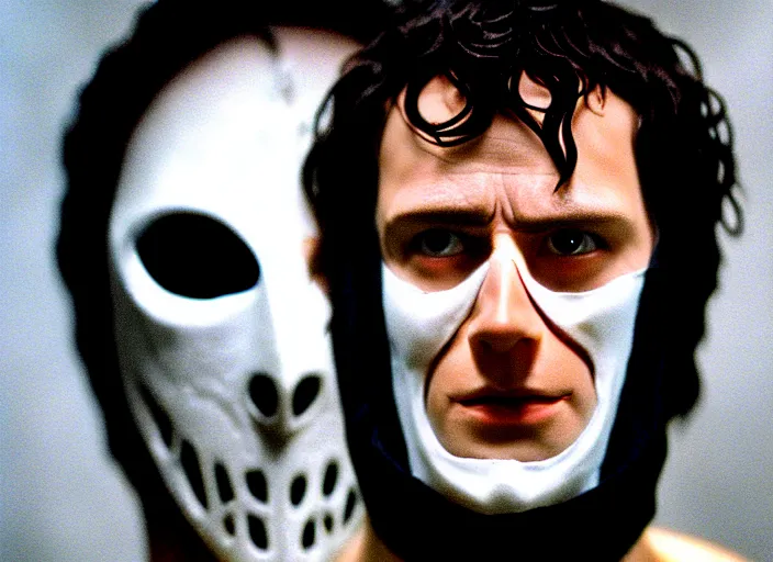 Prompt: white man with black fabric mask, short dark hair, true anatomy!, photorealistic, film still, style of lord of the ring by peter jackson - h 7 6 8