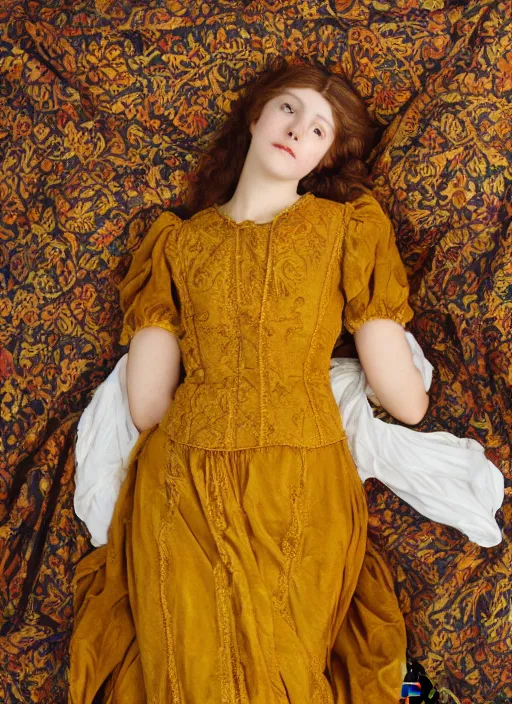 Image similar to preraphaelite photography reclining on bed, big brown fringe, yellow ochre ornate medieval dress, william morris, 4 k