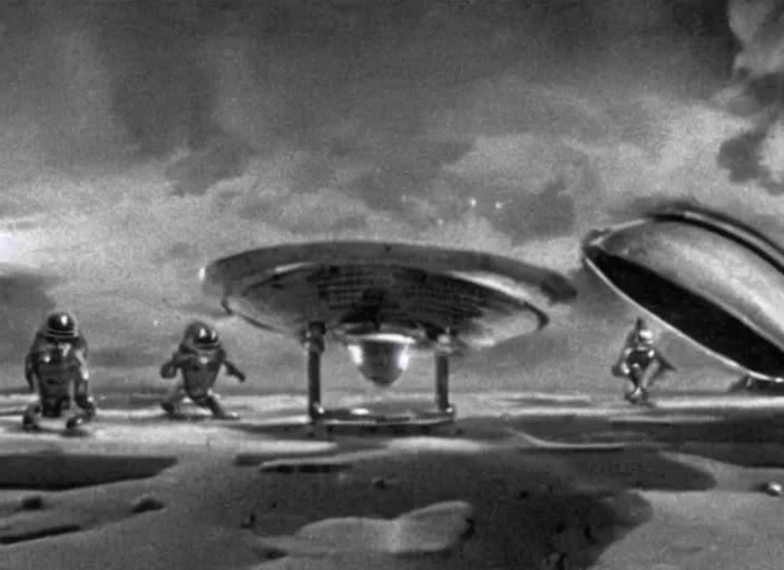 Prompt: scene from a 1950 science fiction film about an alien invasion