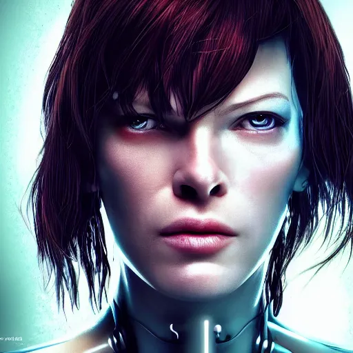 Image similar to Cyborg girl with style of Ghost in the Shell protagonized by Mila Jovovich, human face, robotic body, smooth skin, wires, realistic, VFX, 4k