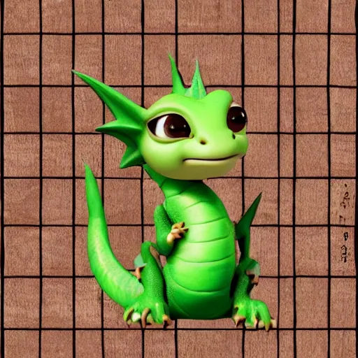 Image similar to cute little dragon baby, portrait, pixar style, wood background