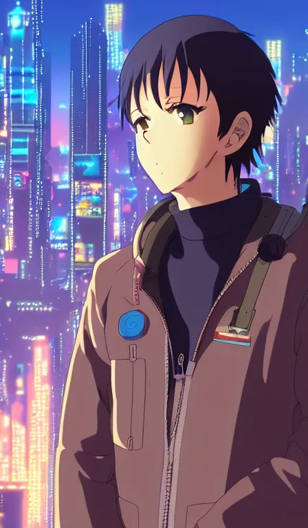 Image similar to anime fine details portrait of Pilot in front of cyberpunk moder city landscape on the background deep bokeh, close-up view, anime masterpiece by Studio Ghibli. 8k, sharp high quality anime, artstation