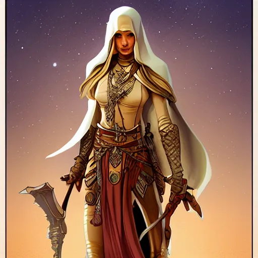 Prompt: Emeth the elven desert bandit. Arabian style. Epic portrait by james gurney and Alfonso mucha (lotr, witcher 3, dnd, dragon age, gladiator, scoia'tael).