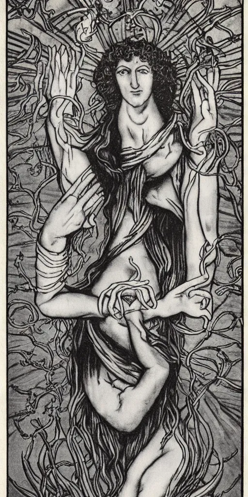 Prompt: the ace of cups tarot card by austin osman spare