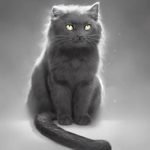 Image similar to a big dark angry powerful menacing grey cat with white belly, white paws and white face markings with long fur and fluffy tail sitting, intricate, elegant, highly detailed, digital painting, artstation, concept art, matte, sharp focus, illustration, art by Artgerm and Greg Rutkowski and Alphonse Mucha