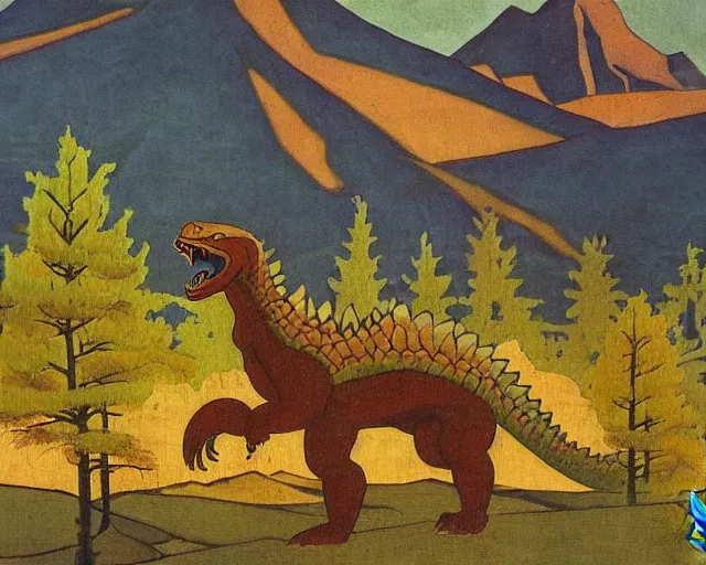 Image similar to ancient godzilla standing in front of altai forest, detailrd painting by roerich