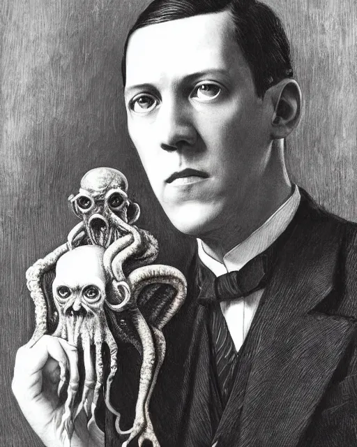 Image similar to portrait of a 1 9 2 0 s h p lovecraft with a miniature cthulhu perched on his shoulder, scholarly appearance, detailed face, 2 0 th century, highly detailed, cinematic lighting, digital art painting by greg rutkowski