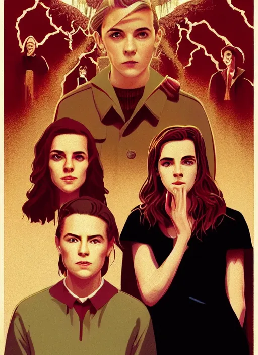 Image similar to Twin Peaks movie poster artwork by Michael Whelan and Tomer Hanuka, Rendering of Emma Watson & Kiernan Shipka hallucinating in order to meet David Bowie the god spirit, from a scene from Twin Peaks, clean, full of detail, Matte painting, trending on artstation and unreal engine