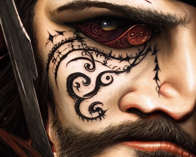 Image similar to close up of a pirate with scars and a face tattoo, deep focus, d & d, fantasy, intricate, elegant, highly detailed, digital painting, artstation, concept art, matte, sharp focus, illustration, hearthstone, art by artgerm and greg rutkowski and alphonse mucha