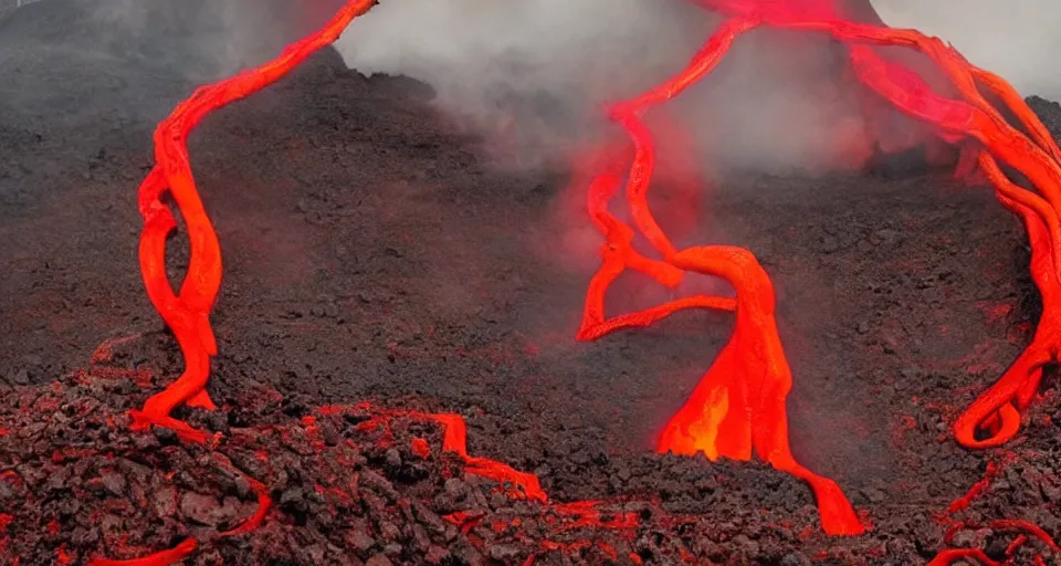 Image similar to a volcano made of ivory vines and crimson rocks enters in eruption, it spits a smoke in the shape of demonic eye, by Wes Anderson,