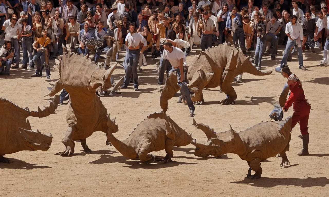 Prompt: a troubadour facing off against a horned dinosaur in the plaza de toros, madrid. extreme long shot, midday sun, kodachrome