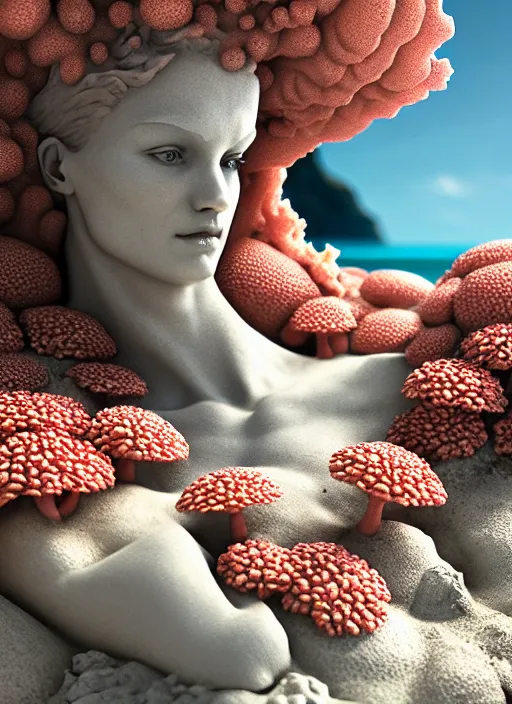 Image similar to beach cave made of corals, daisies, roses, well contoured smooth fair walls with marble statue, up close shot, sharp focus, global illumination, radiant light, alexandre ferra white mecha, irakli nadar, octane highly render, 4 k, ultra hd,