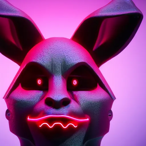 Prompt: synthwave demonic rabbit toy face with neon horns, detailed face, sharp focus, synthwave art, aesthetic, octane render, raw, cinematic