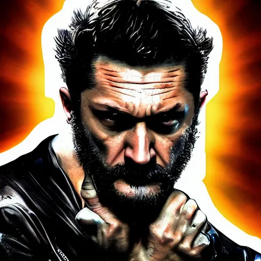 Image similar to Tom Hardy as wolverine in Black Damaged leather suit Digital art 4K quality