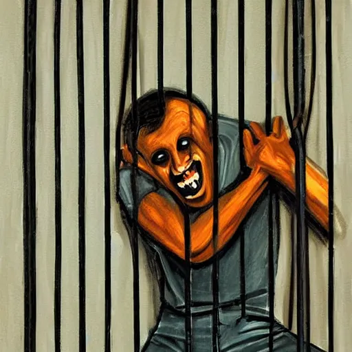 Image similar to a screaming prisoner holding prison bars, realism old painting