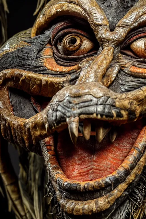 Image similar to photo taken of an epic intricate, ultra detailed, super realistic gritty, hero prop, exquisitely weathered animatronic movie prop of a lifelike sculpture of a huaorani ecuadorian amazon tribe creature displayed in the workshop, created by weta workshop, full body shot, photorealistic, sharp focus