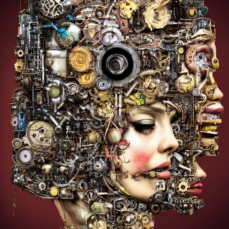 Image similar to profile portrait of a woman, computer parts, mechanical parts, by giuseppe arcimboldo, steampunk, cyberpunk, futuristic, psychedelic, surreal, sci - fi, vaporwave, alien, dreamlike.