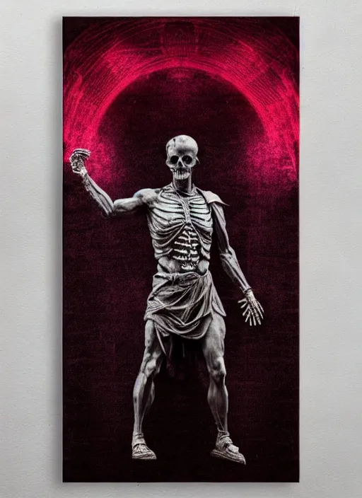 Image similar to dark design poster showing a statue of julius caesar, skeleton, black background with very subtle red and purple design elements, powerful, nekro, vito acconci, thin straight lines, dark, glitch art, neo vaporwave, gritty, layout frame, square, trending on artstation